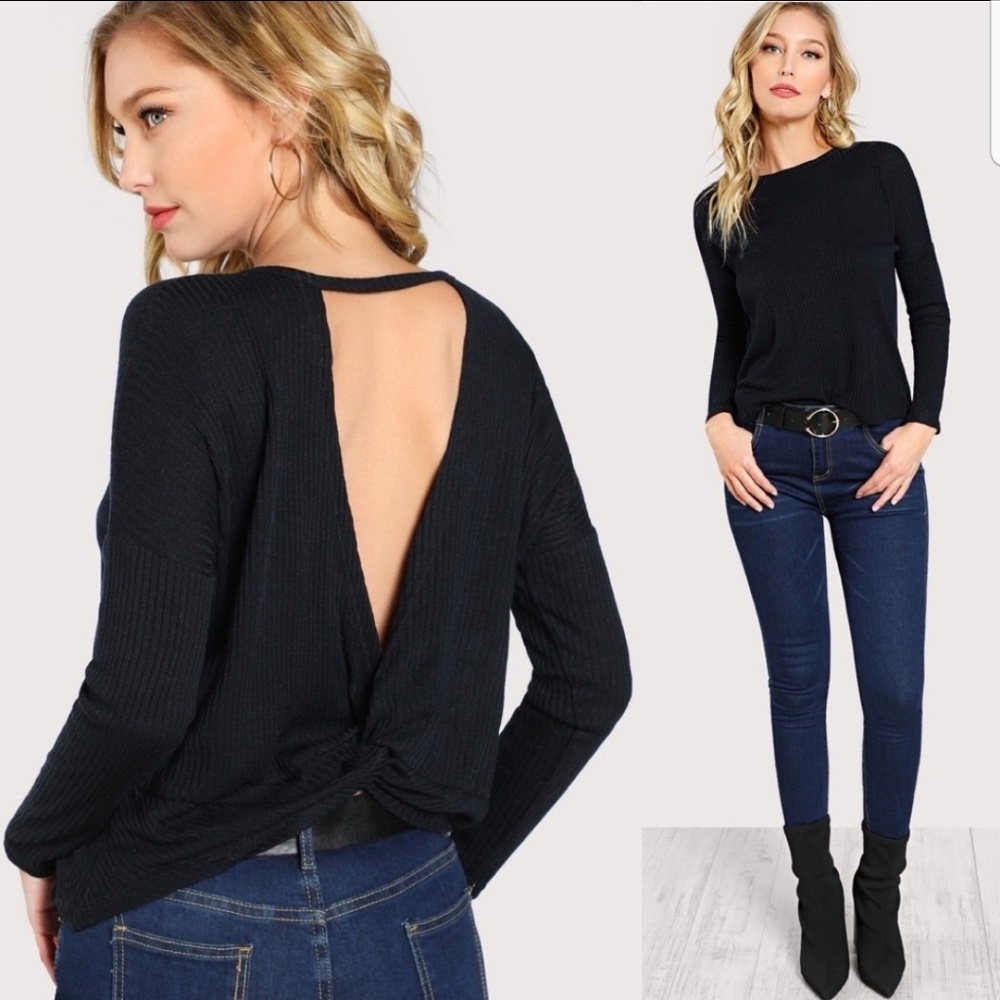 Ribbed Open Back Twist Top, Black